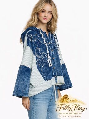 POL Blue Patchwork Hooded Cardigan with Embroidered Swirls